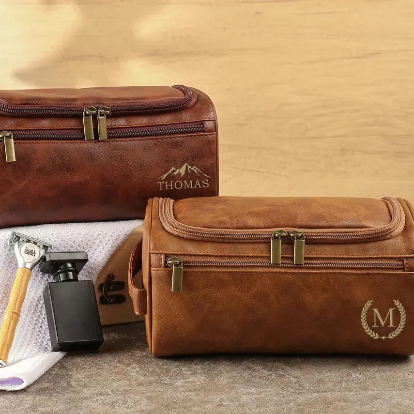 Men's black PU leather travel bag with seven compartments open, showing internal organisation