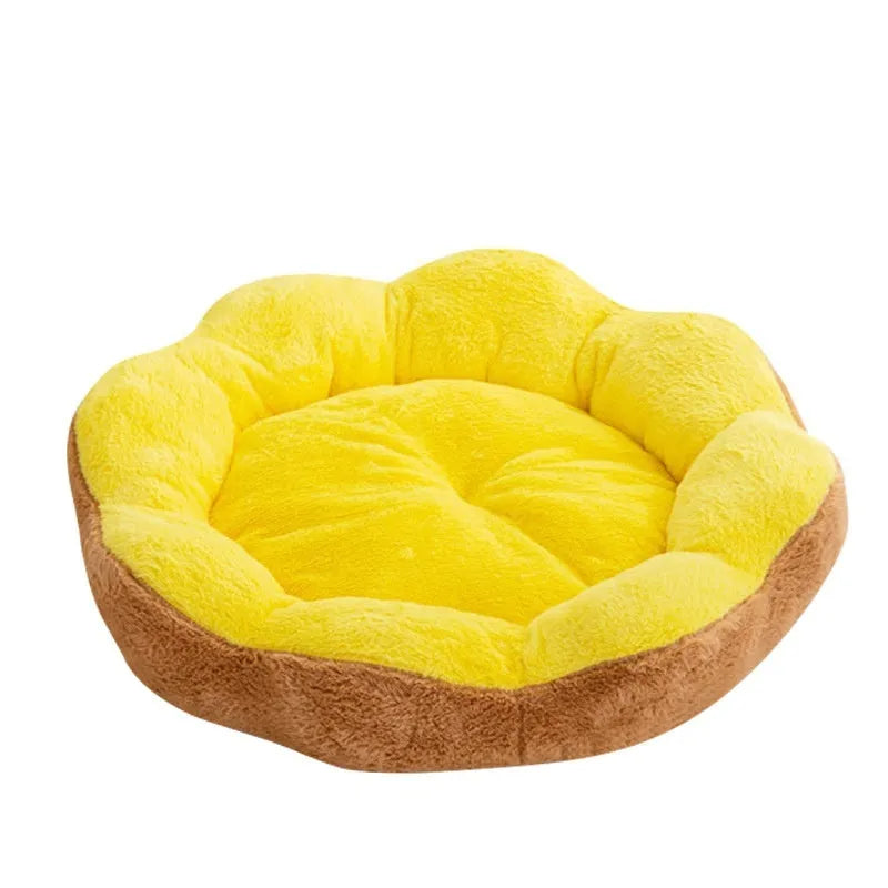 Round rabbit plush cat bed with removable washable cover in brown grey colour