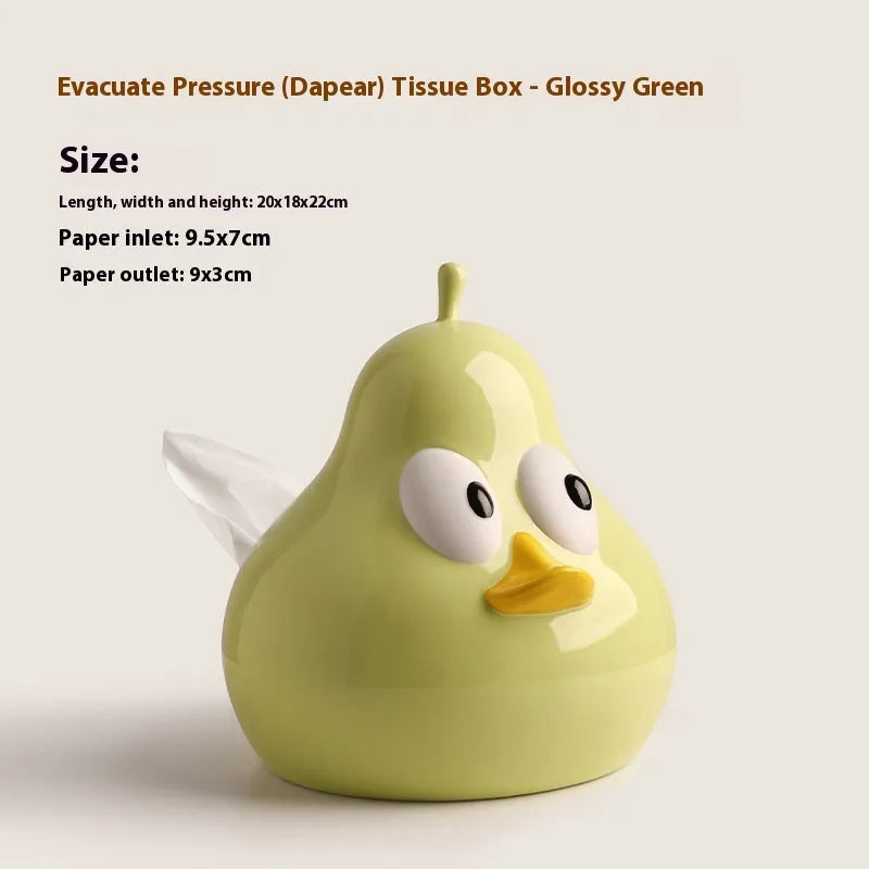 Cute pear-shaped ceramic tissue box in white porcelain with animal design, available in green or black colours
