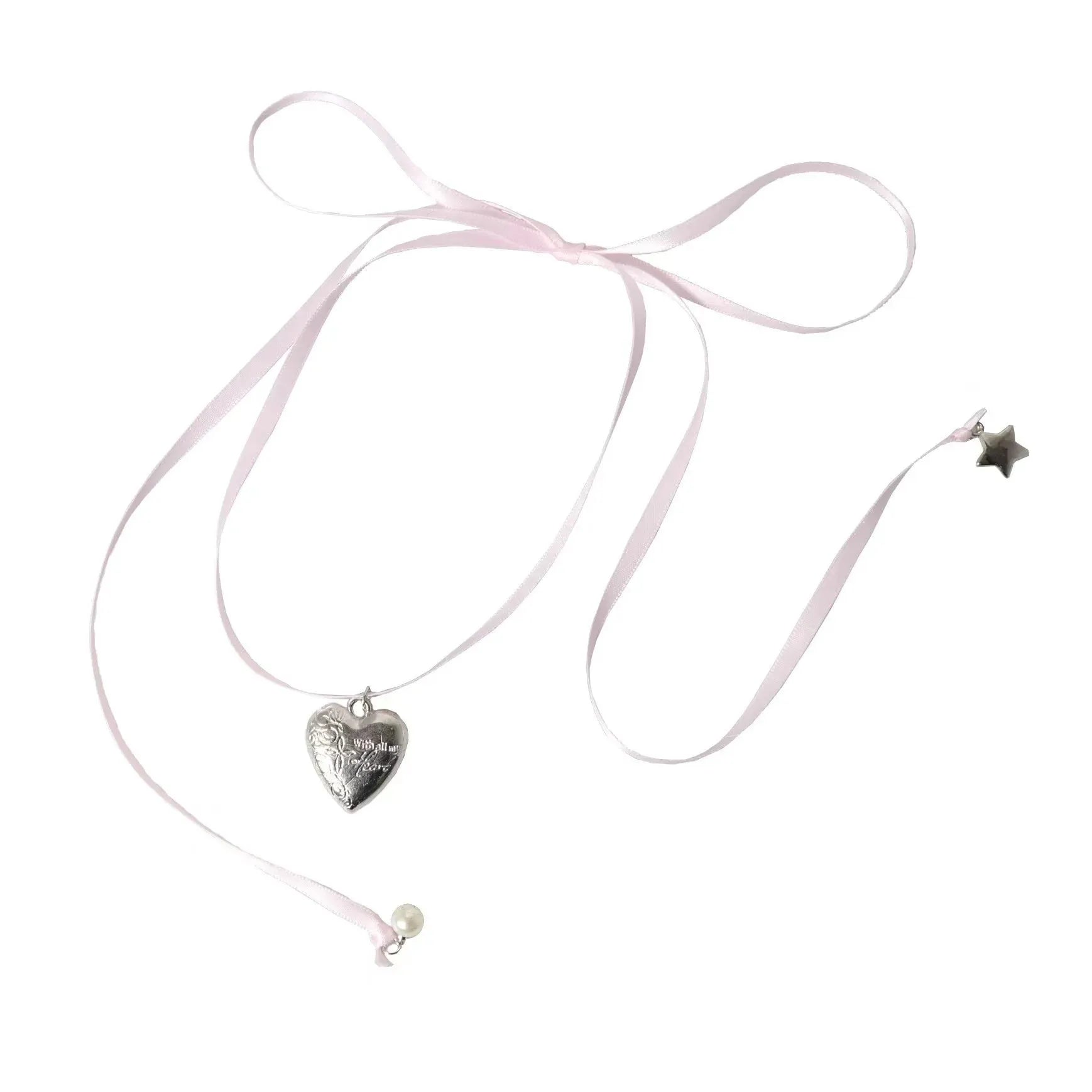 Women's alloy ribbon love pendant necklace on a clavicle chain, shown in one of 33 available colours.