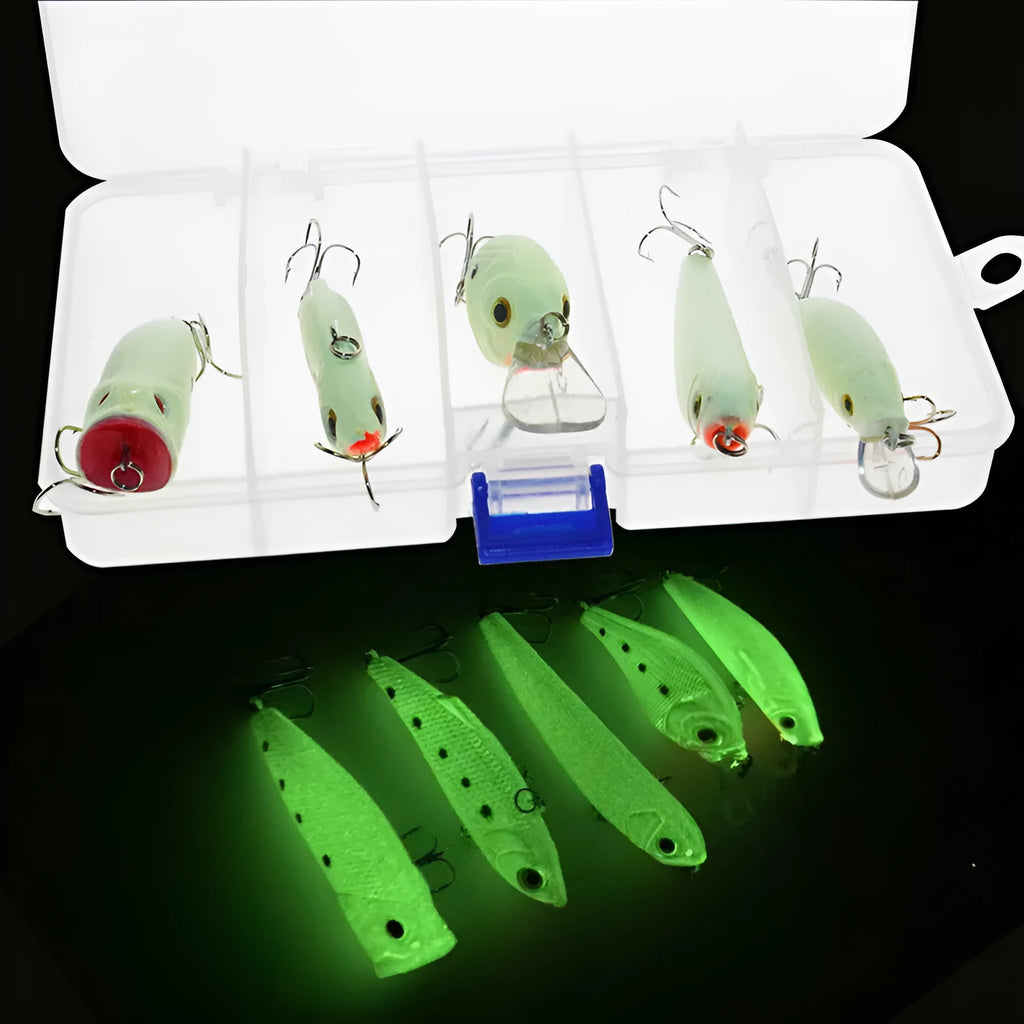 Set of five hard body fishing lures with fluorescent patterns and luminous glow for low-light fishing conditions