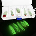 Set of five hard body fishing lures with fluorescent patterns and luminous glow for low-light fishing conditions
