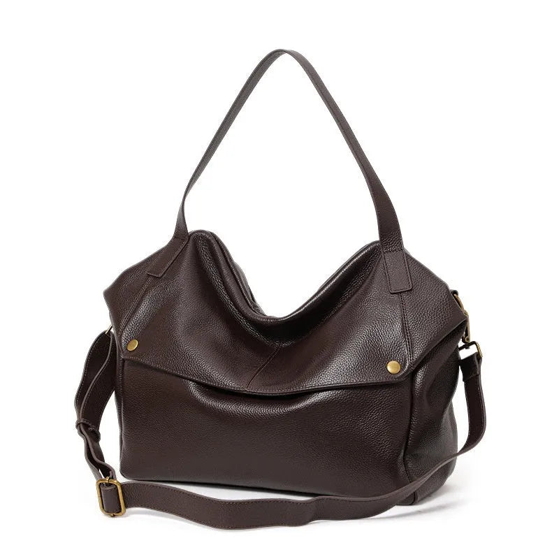 Brown genuine leather women's commuter shoulder bag with horizontal square shape