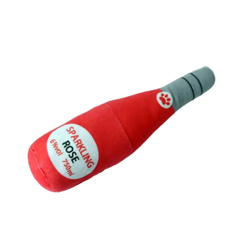Plush wine bottle shaped pet toy for dogs and cats in assorted colours.