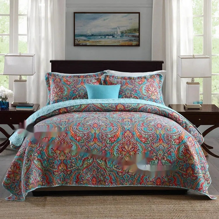Quilted cotton bed cover three-piece set with printed patterns for 1.5-1.8m beds