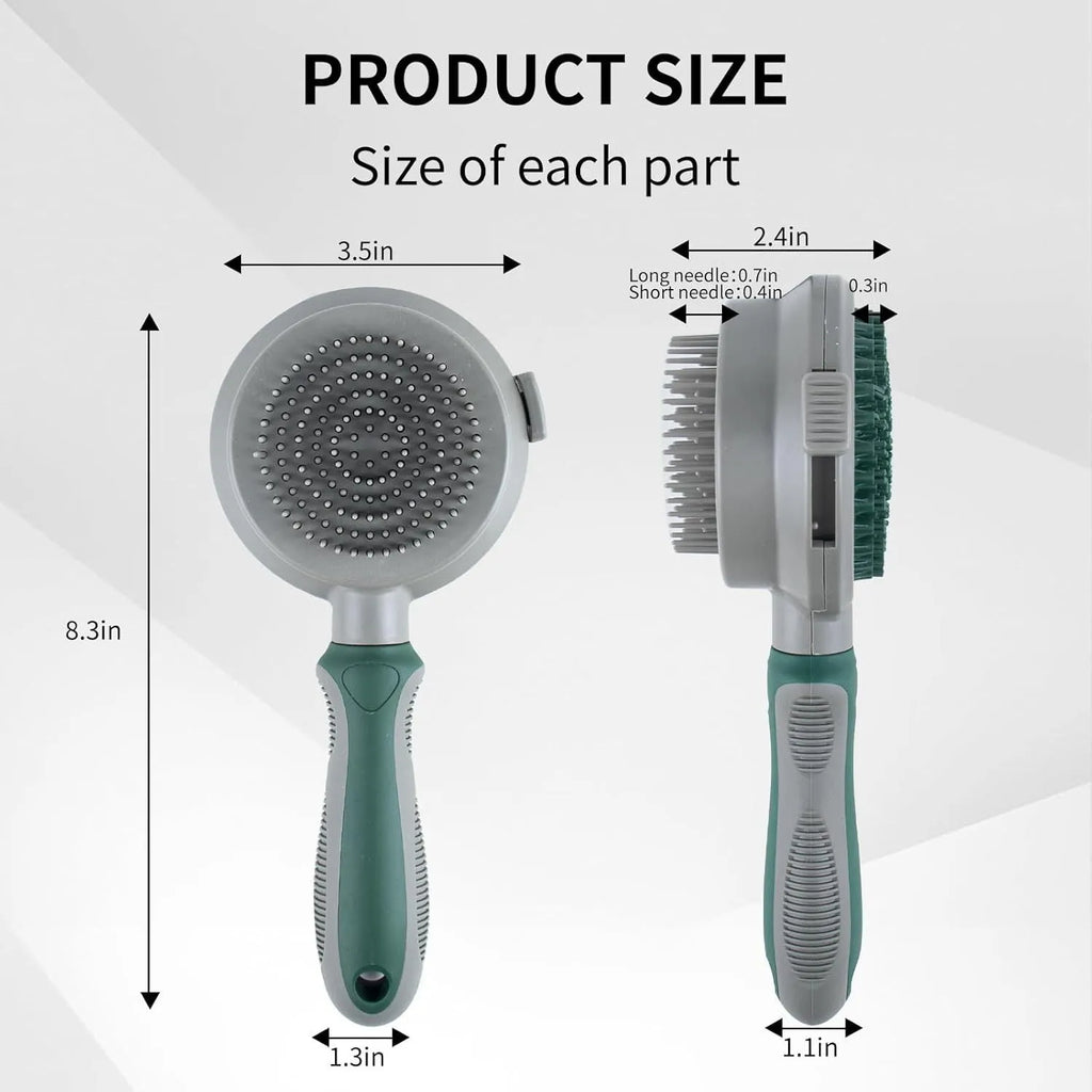 Green and pink dual-sided pet grooming brush with silicone massager and retractable slicker brush.