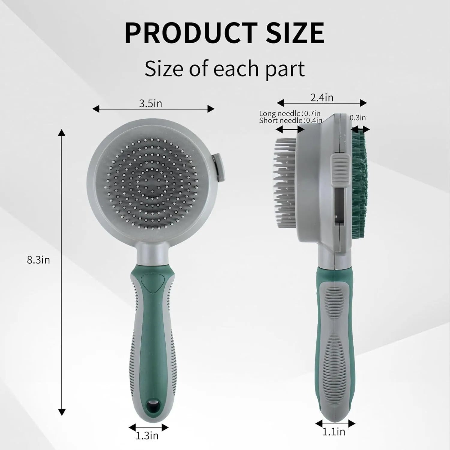 Green and pink dual-sided pet grooming brush with silicone massager and retractable slicker brush.