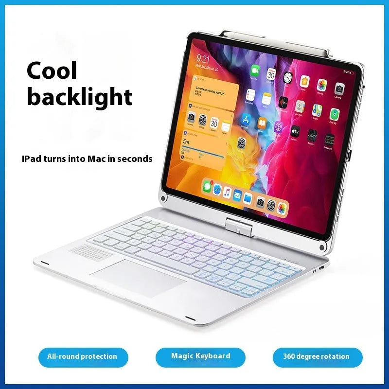 360-degree rotating Bluetooth keyboard for iPad with touch-sensitive trackpad in black, rose gold, or silver
