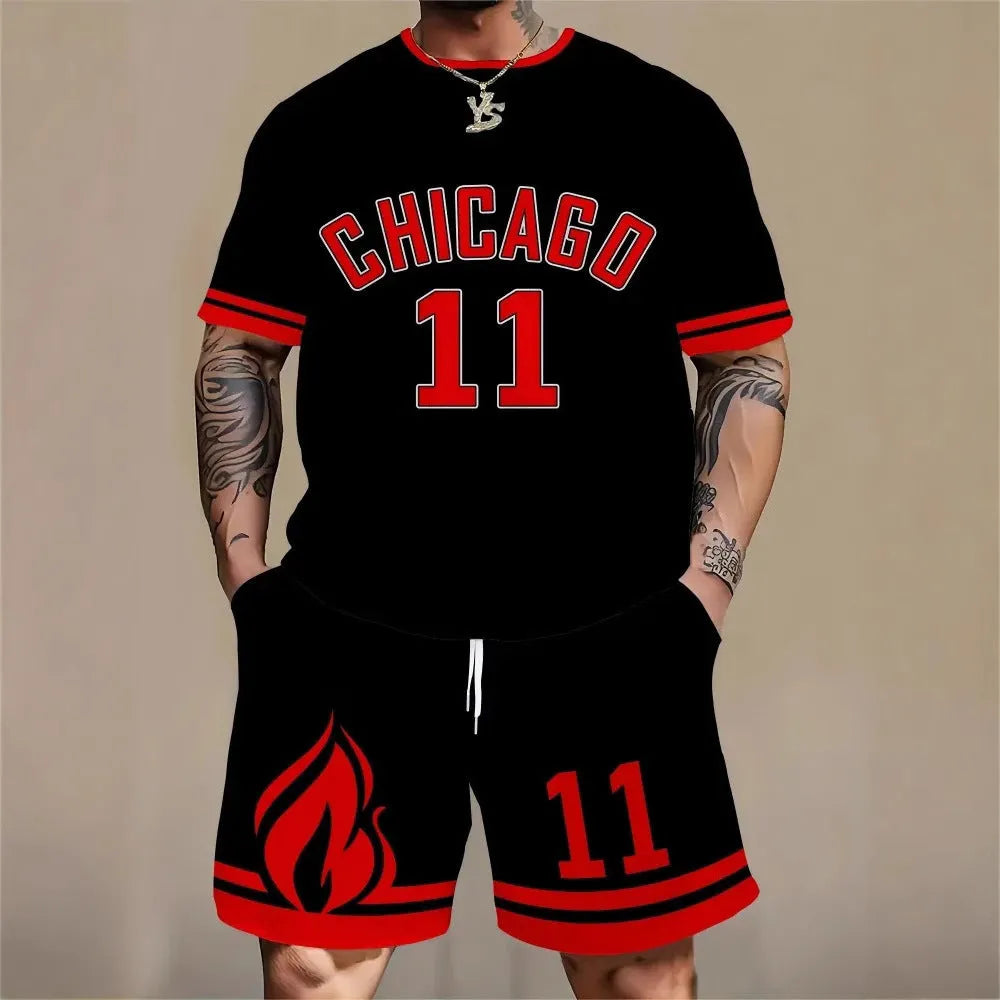 3D printed letter personality male suit set with short sleeve top and matching shorts in polyester