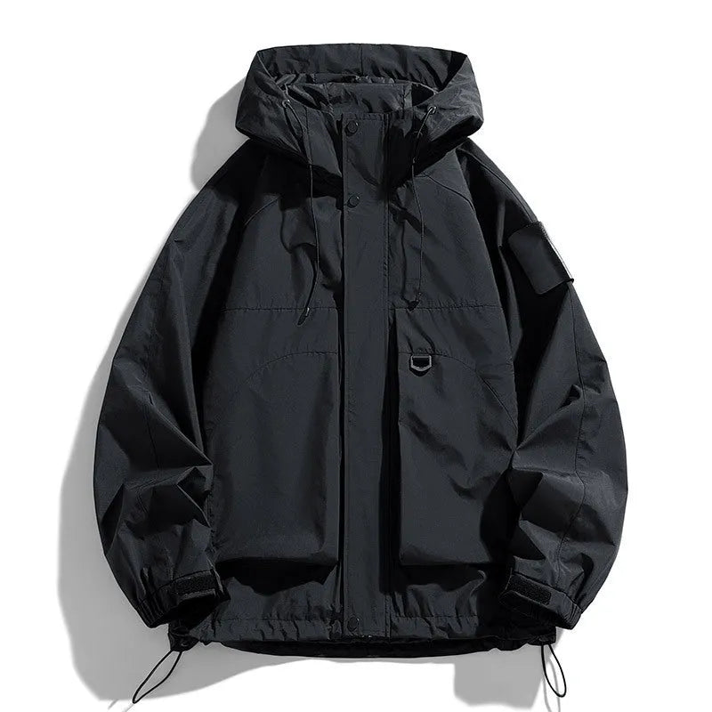 Men's black waterproof windproof hooded coat with long sleeves on a hanger.