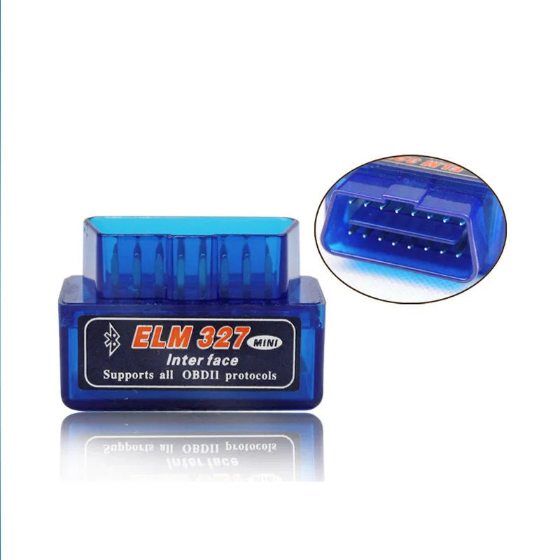 Small blue ELM327 Bluetooth OBD2 diagnostic scanner for reading car engine fault codes