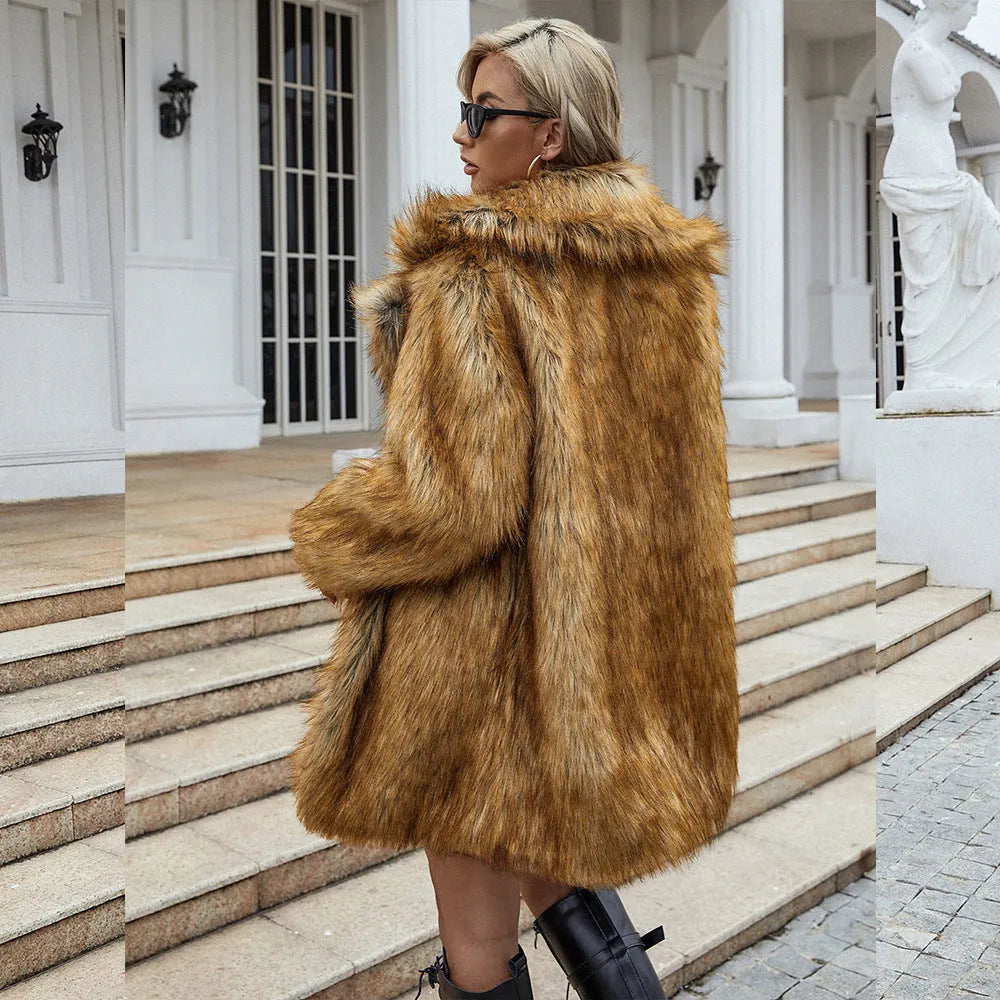 Yellow women's faux fur coat with regular sleeves and 80cm length