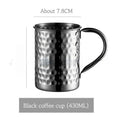 Stainless steel Moscow mule cup with copper plating in hammered and smooth styles, shown in different colours.