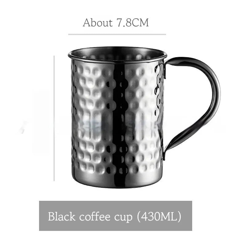 Stainless steel Moscow mule cup with copper plating in hammered and smooth styles, shown in different colours.