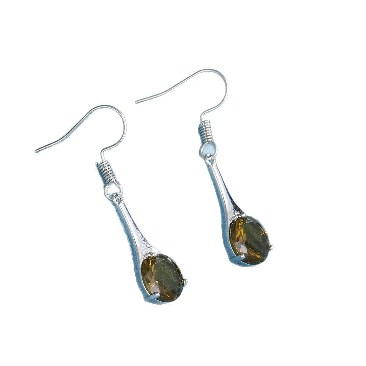 Olive green topaz drop earrings with water drop shape and gold electroplated finish