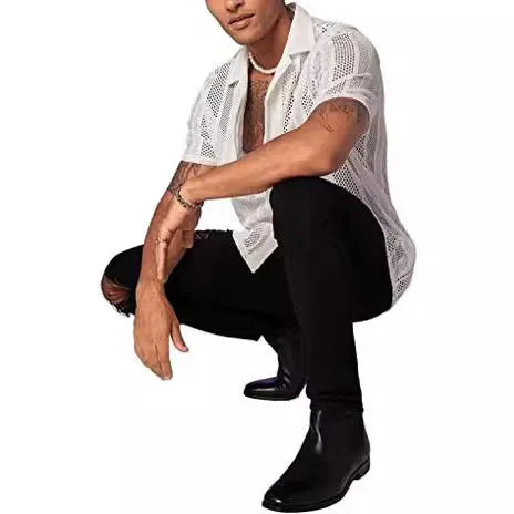 Men's black knitted short-sleeved button-front cardigan shirt with jacquard pattern