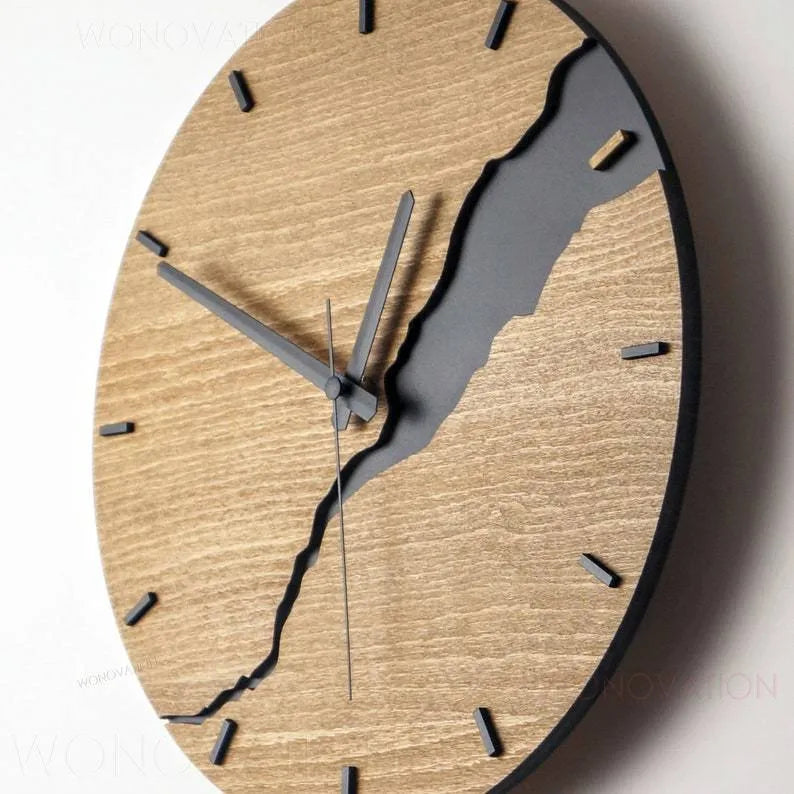 Modern wooden wall clock with a crackle texture finish shown in one of five available colour options.
