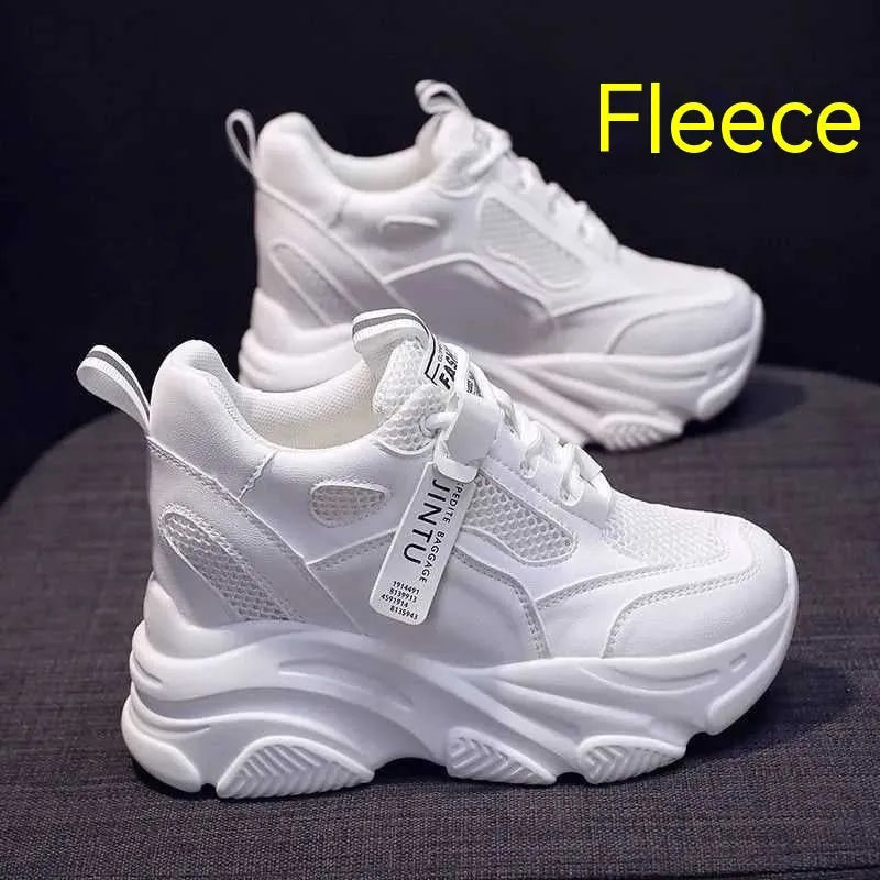 Women's black mesh platform casual shoe with a fleece lining and TPR sole.