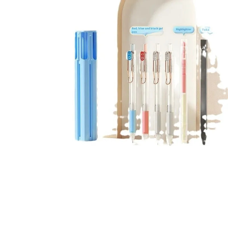 Plastic six pens pencil case pressing pen box kit in multiple colour and set variations