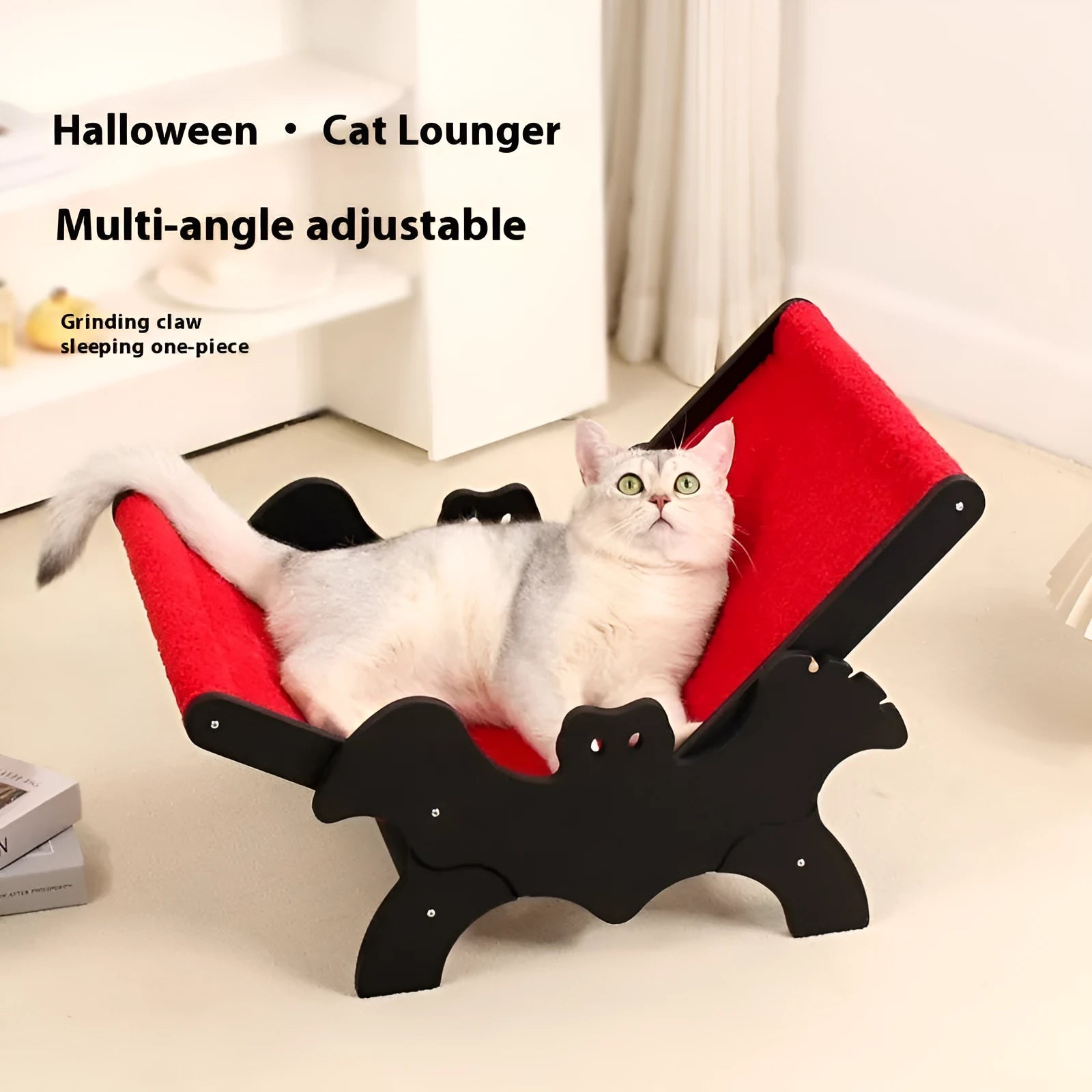 Black and red Halloween themed wooden cat recliner bed on elevated platform