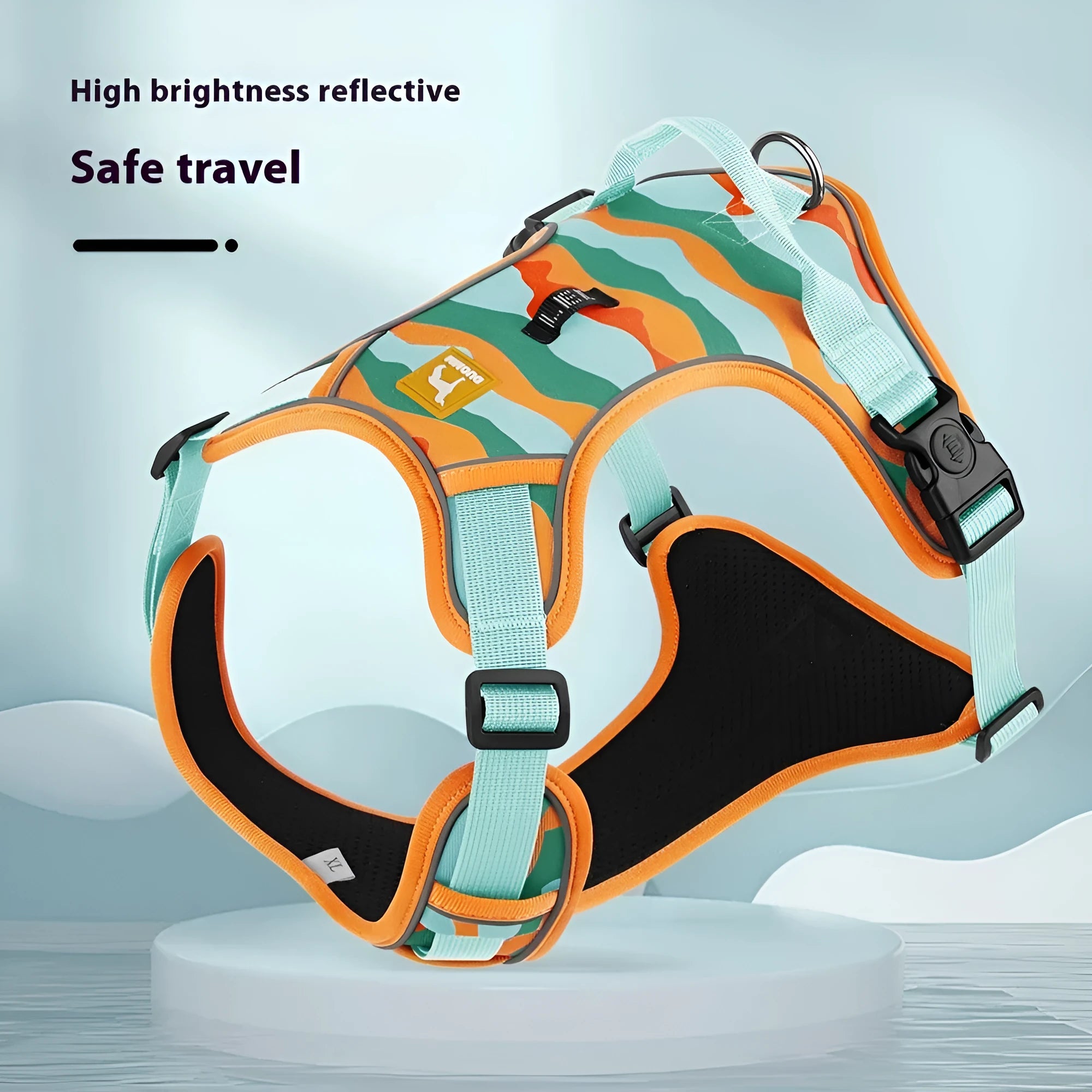 Orange reflective dog walking lead with chest and back straps made from Oxford cloth.