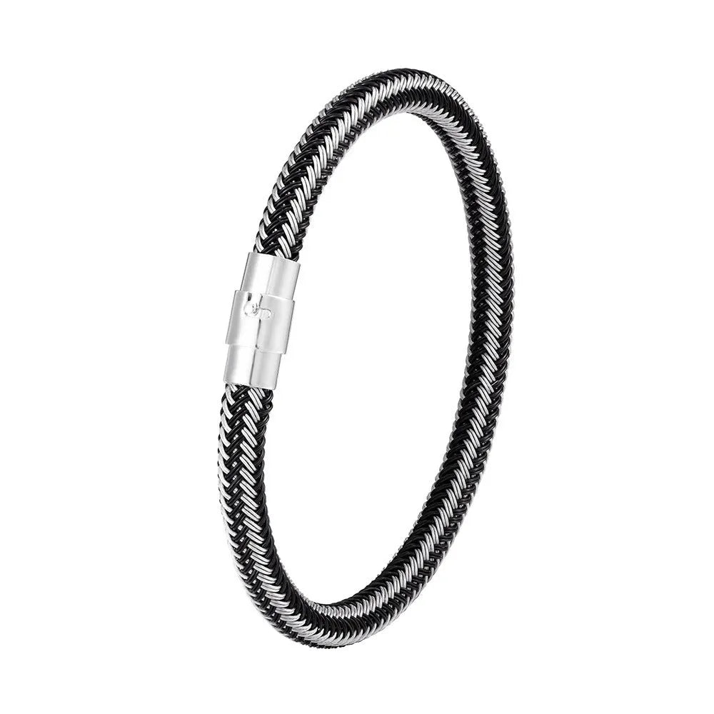 Titanium steel geometric wire bracelet with magnet clasp shown in unisex boyfriend style