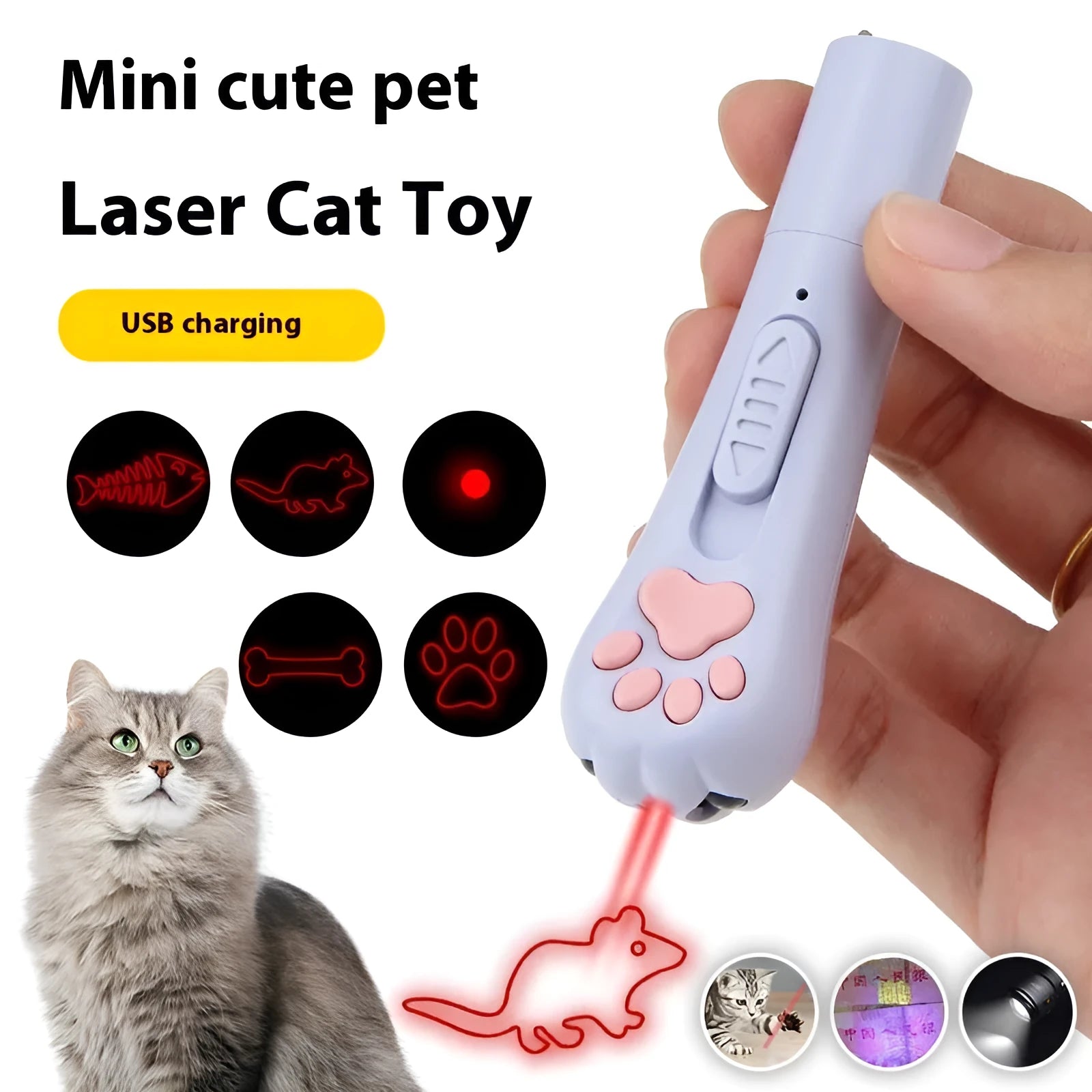 Infrared laser cat teasing stick with miniature paw prints in blue plastic with laser projection