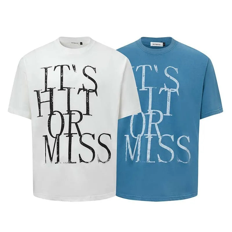 Men's blue American-style letter printed round neck T-shirt with loose fit