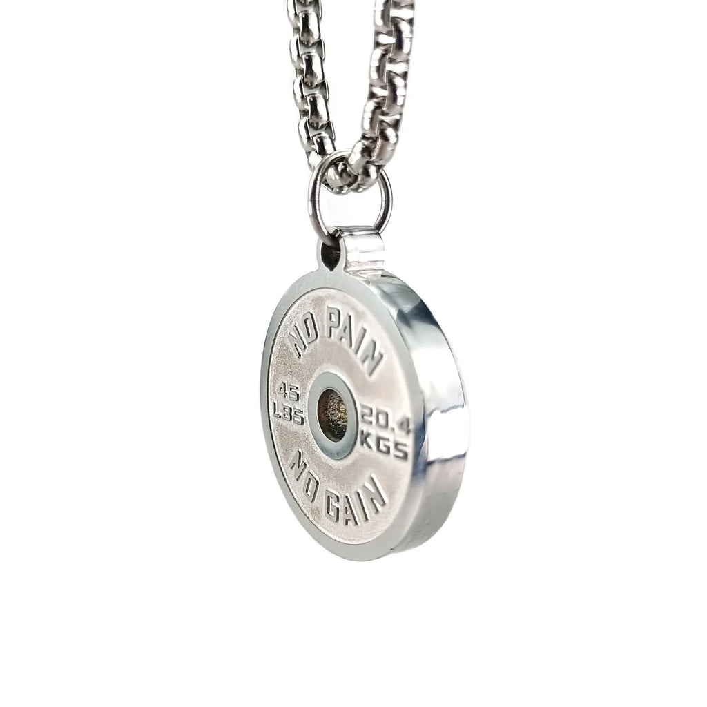 Geometric stainless steel barbell disc necklace with 60cm chain options on jewellery display