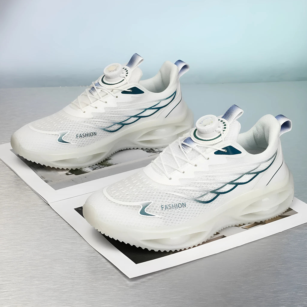 Pair of breathable casual running shoes with mesh upper and rubber sole in a solid colour.