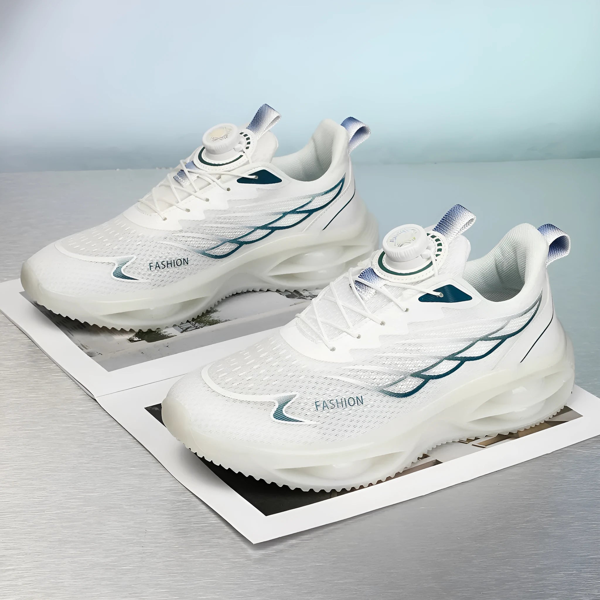 Pair of breathable casual running shoes with mesh upper and rubber sole in a solid colour.