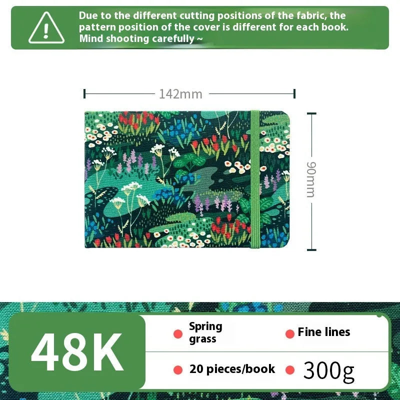 Feiluniao handmade fabric watercolour sketchbook with decorative cover, shown at 185mm length.