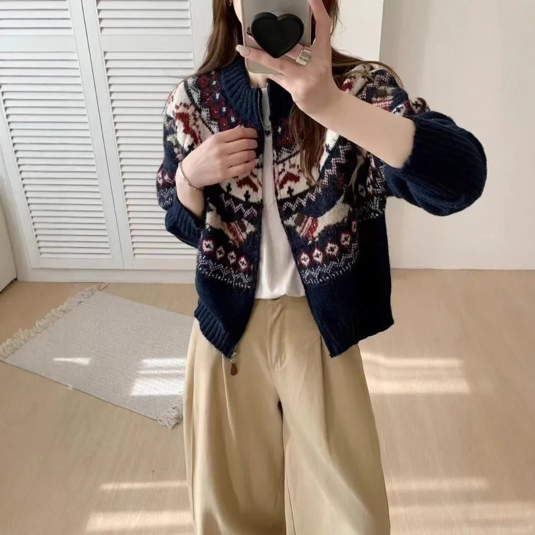 Ethnic style jacquard pullover sweater with 3D pattern in beige apricot colour