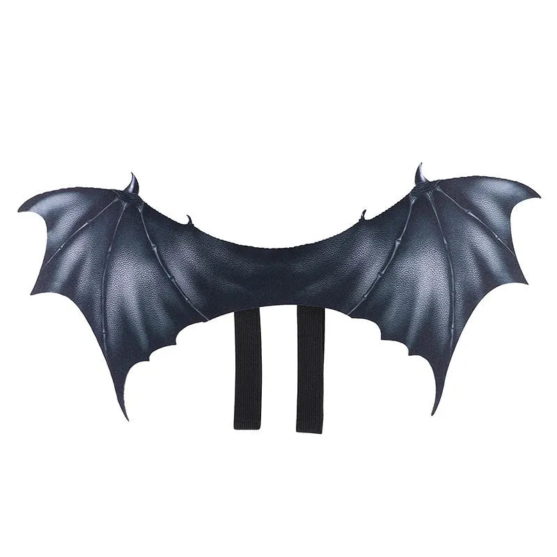 Black cloth bat wing costume for pets, shown in small, medium, and large sizes for cats and dogs.