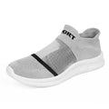 Casual grey Flyknit sock shoes with laces and a low-top MD sole, shown on a foot.