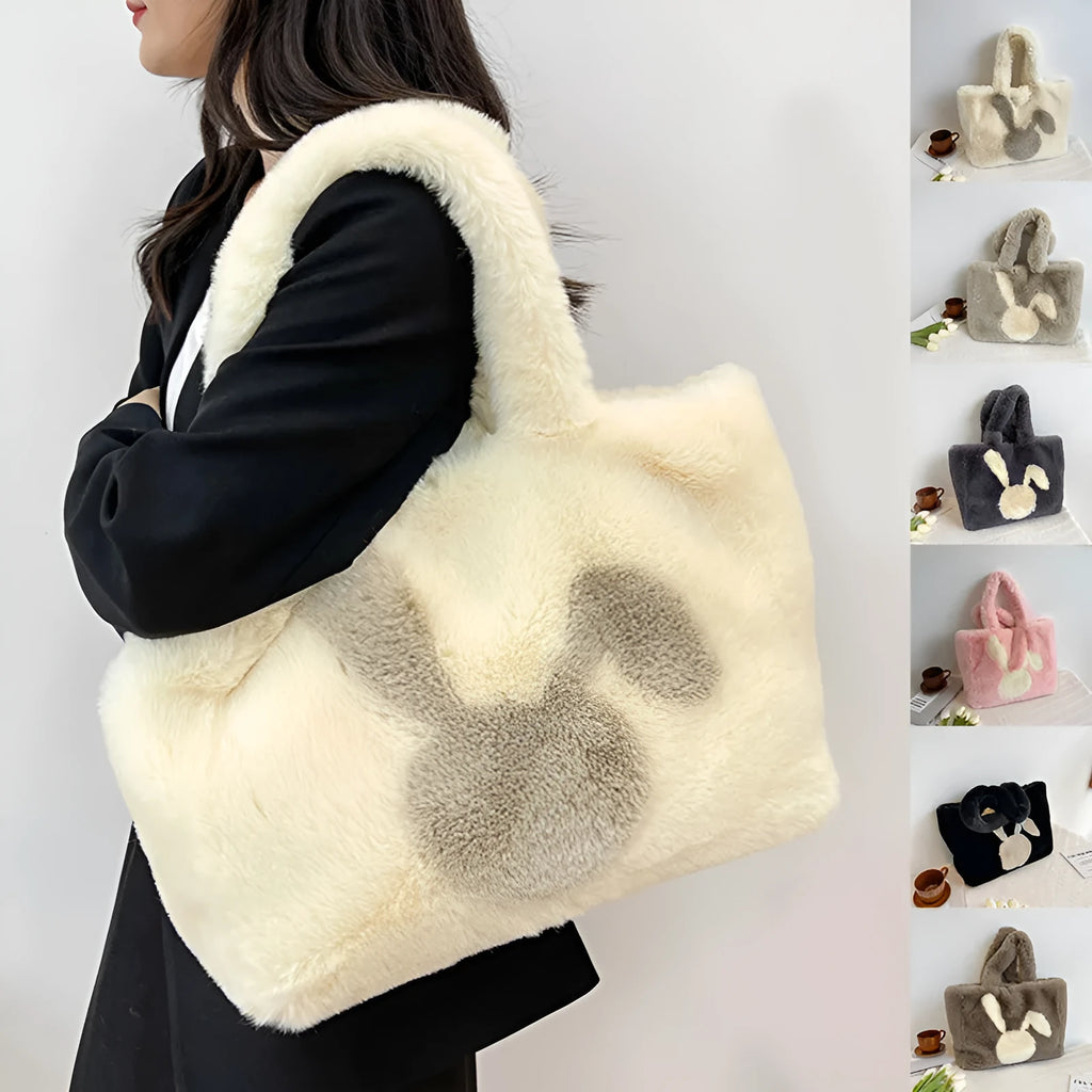 Plush tote bag with rabbit ears in solid colour with large capacity shoulder strap