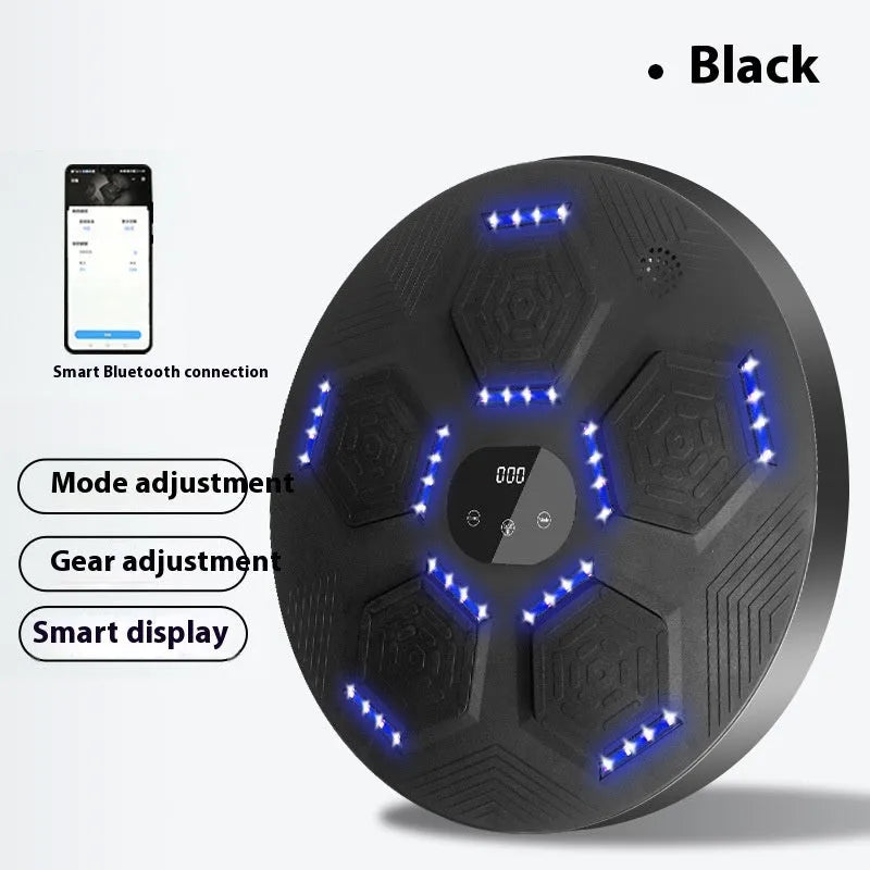 Black wall-mounted smart music boxing machine reaction target with matching black gloves.