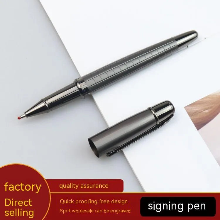 Gun grey metal roller pen showing 13.5cm length and 1.3cm diameter with black or blue ink options