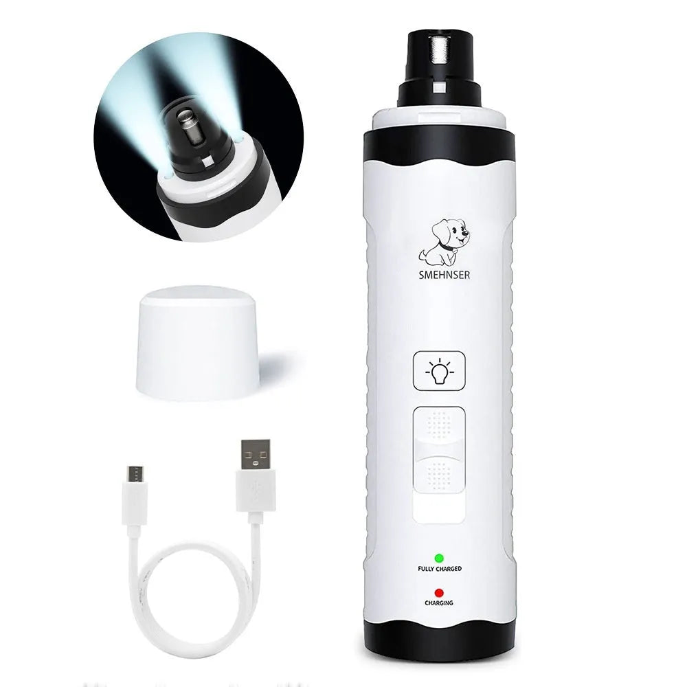 Automatic electric nail grinder for dogs showing digital display, LED indicators, and dust collection system