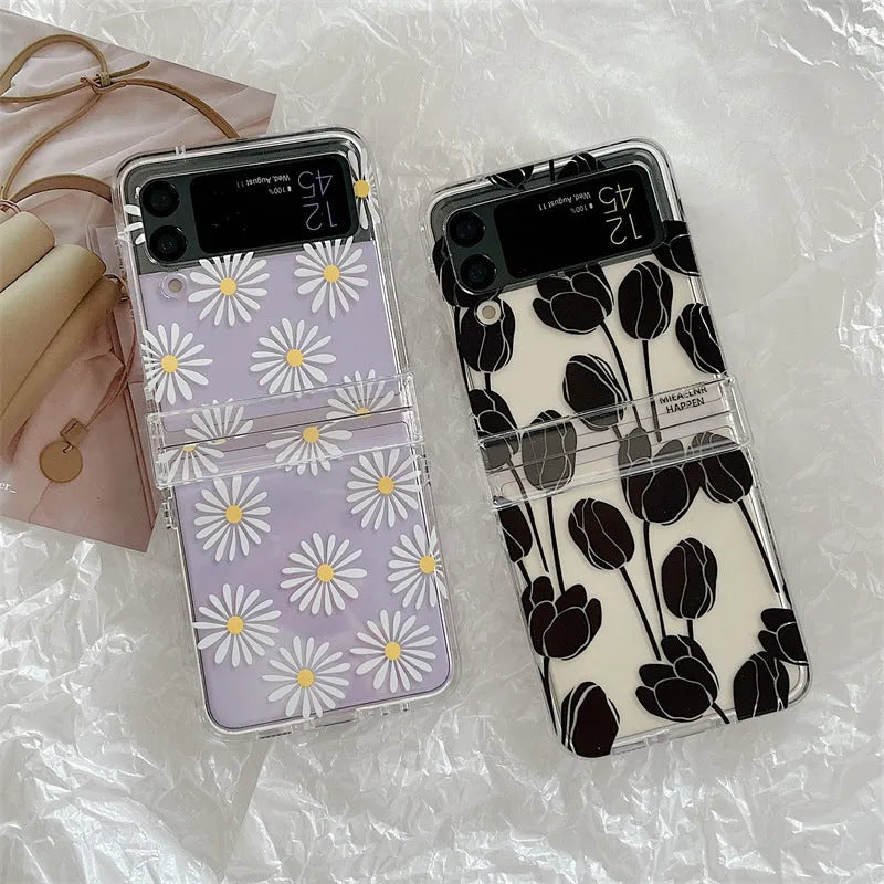 Samsung Galaxy Z Flip phone case with flower design on transparent hard shell