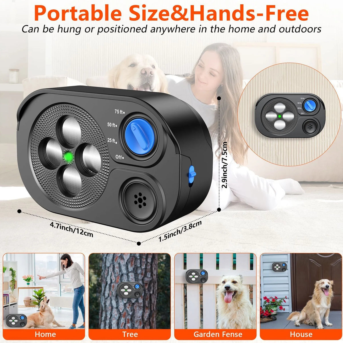 Automatic ultrasonic bark stopping and dog training device, black or light gray, 124 × 77 × 42mm, IP65 waterproof