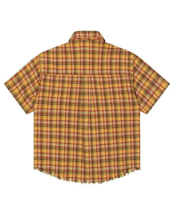 Yellow plaid short-sleeve shirt with embroidery and side pockets, loose fit for men and women
