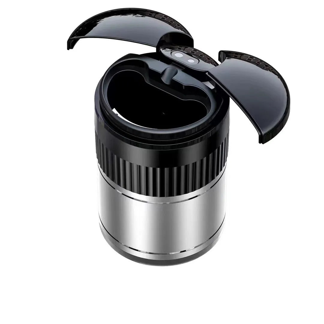 Black metal smart car ashtray with lid, showing compact 113mm size for cup holders.
