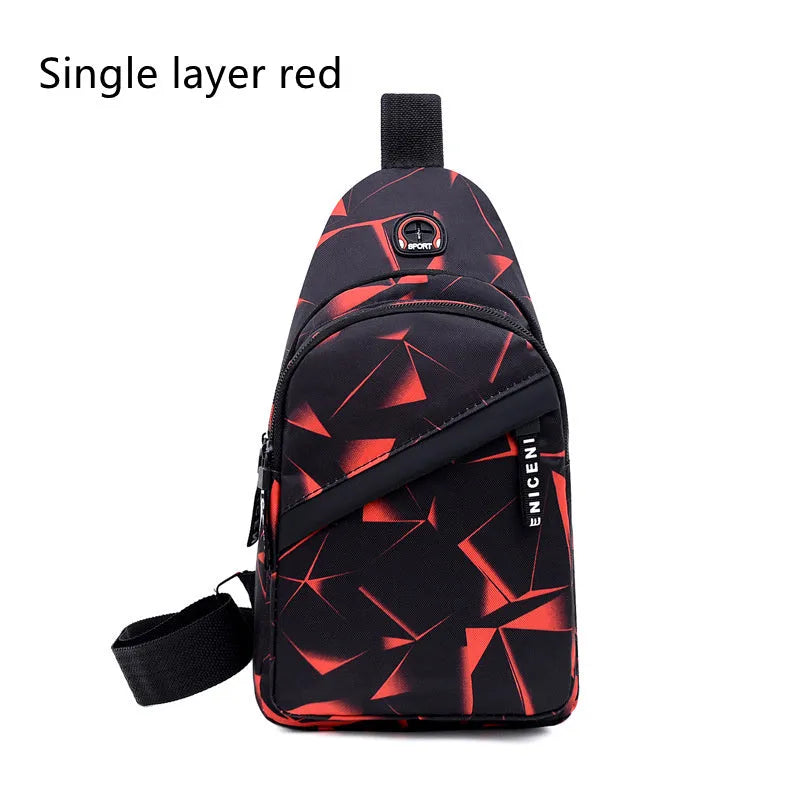 Black Oxford cloth crossbody chest bag for men with a visible earphone hole and zipper.