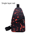 Black Oxford cloth crossbody chest bag for men with a visible earphone hole and zipper.