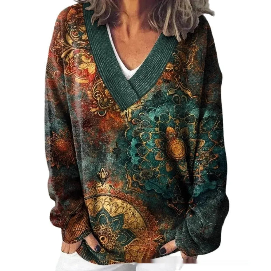 Women's V-neck long sleeve sweatshirt with a detailed 3D floral pattern print in a retro style.