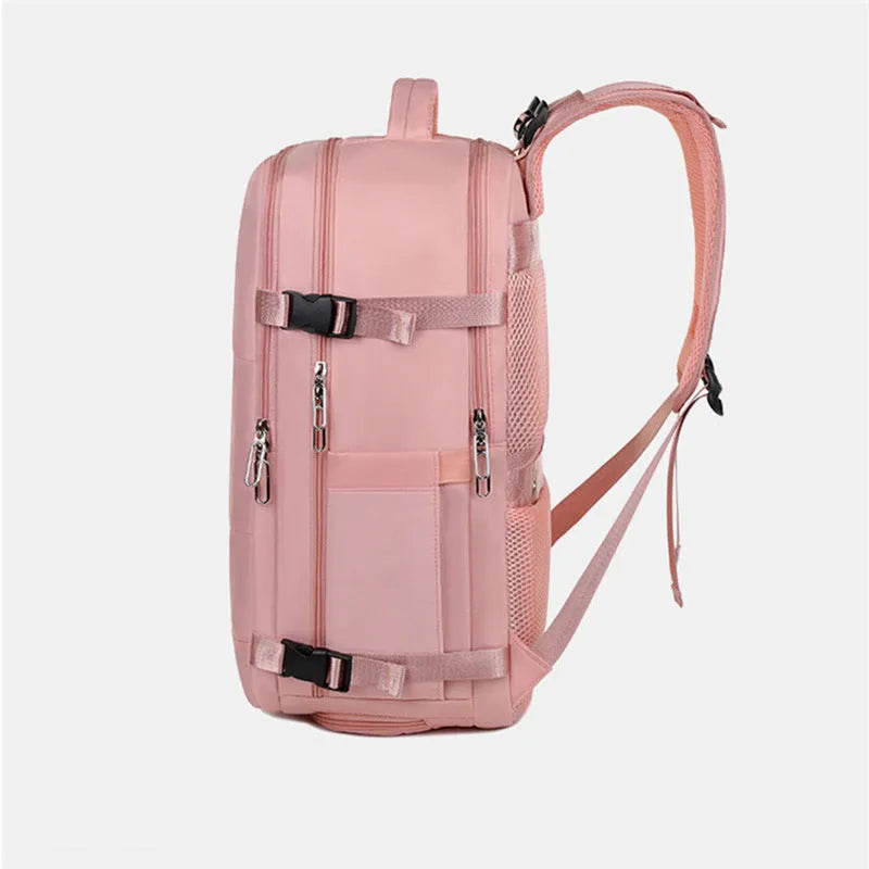 Large purple travel backpack with multiple compartments and air pillow belt system