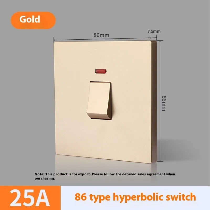 Gold, grey, and white illuminated high-current 3-pole electrical switch for appliances.