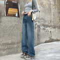 Women's straight-leg jeans in retro blue with high waist design and trousers length cut