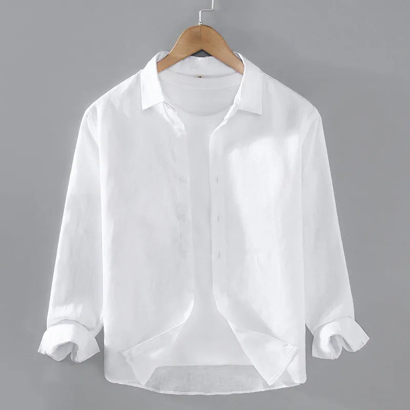 Men's solid colour linen long sleeve shirt in a cardigan style, shown in ankarat red